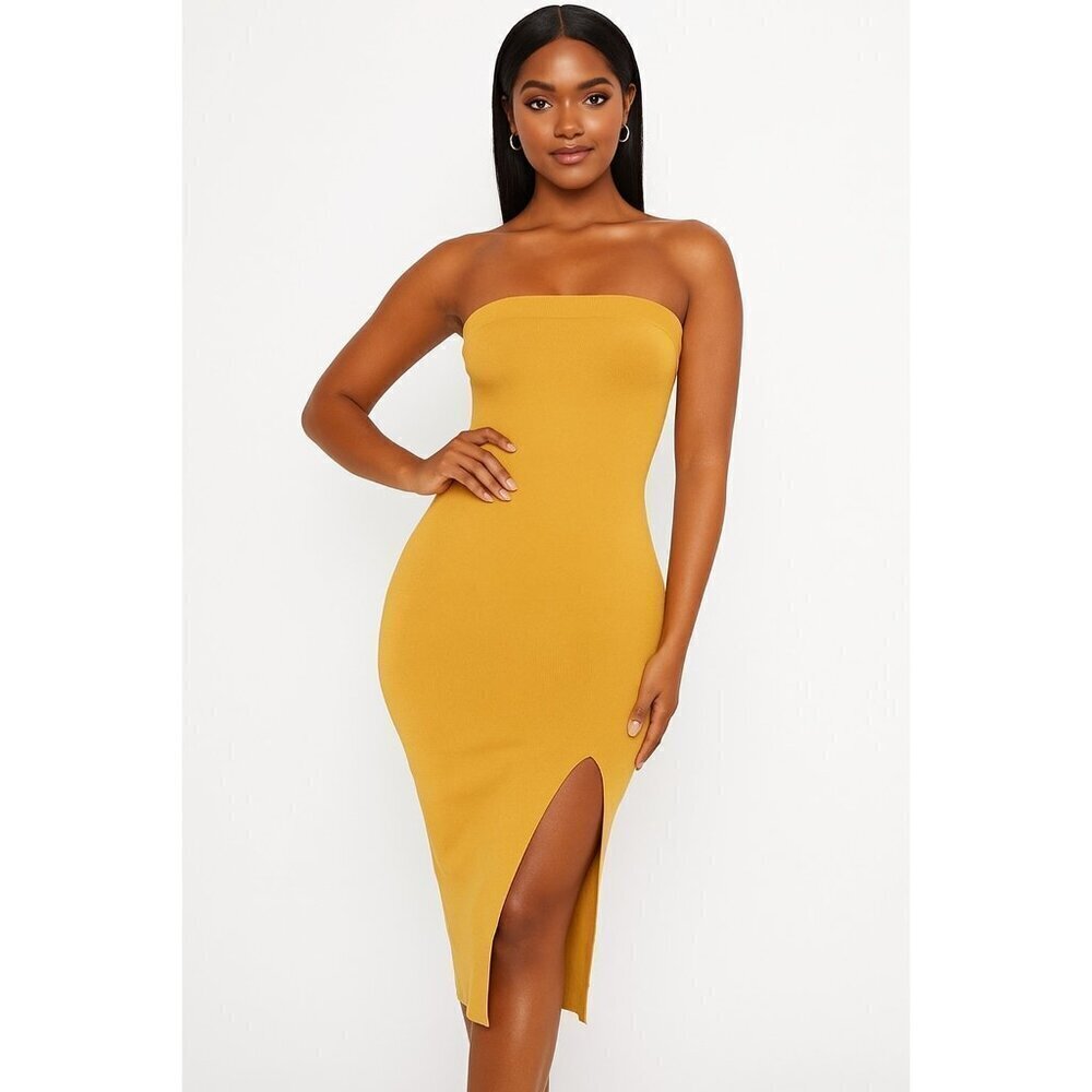 Windsor Mustard Strapless Bodycon Dress with Slit Sz Small